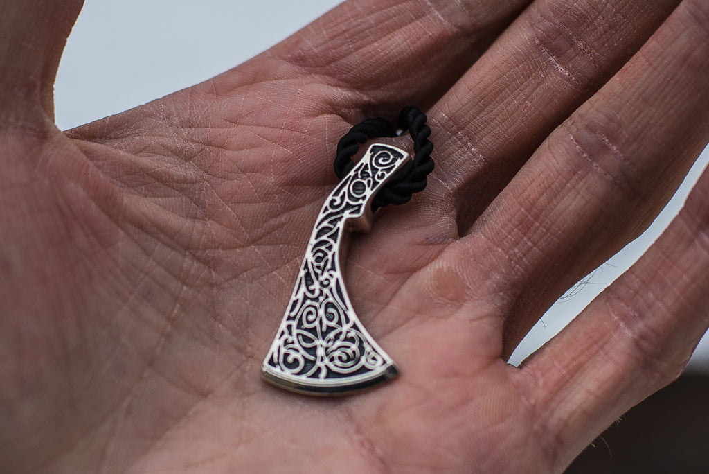Perun's Axe Sterling Silver Necklace with Floral Ornament - Viking-Handmade