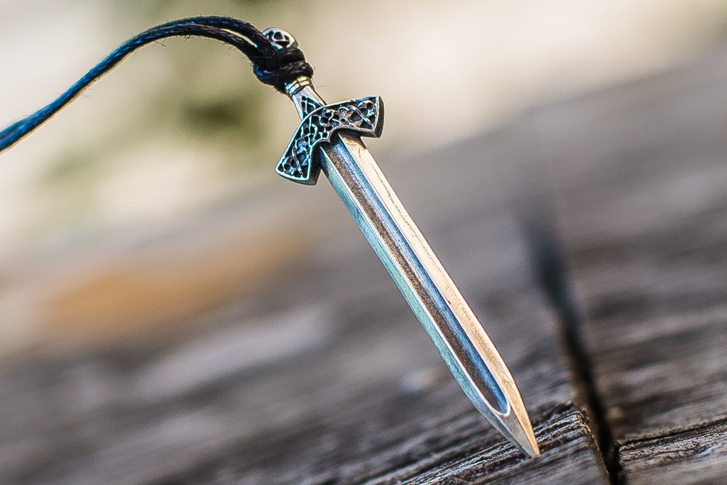 Scandinavian Sword Pendant with Ornament Sterling Silver - Viking-Handmade