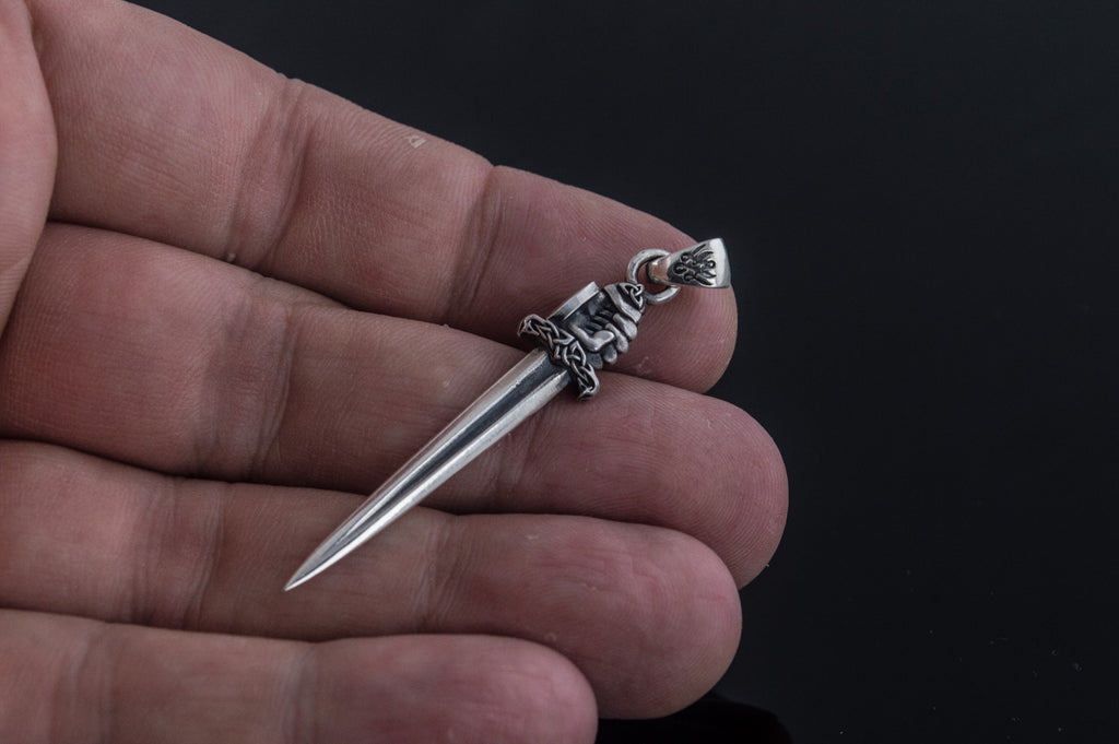 Viking Sword with Hand Pendant Sterling Silver Norse Jewelry - Viking-Handmade