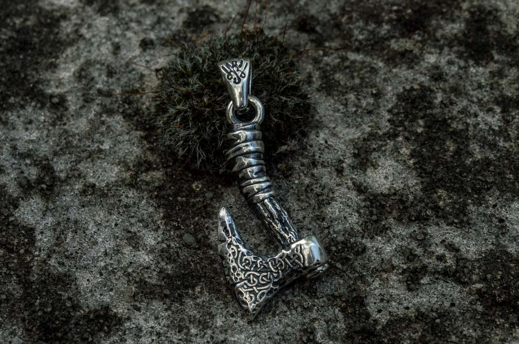 Viking Axe with Ornament Pendant Sterling Silver Norse Jewelry - Viking-Handmade
