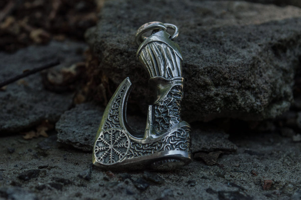 Viking Axe Pendant with Helm of Awe Symbol and Norse Ornament Sterling Silver - Viking-Handmade