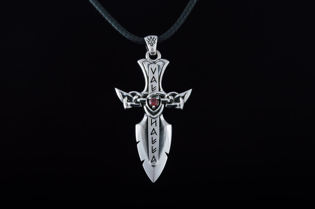 Norse Sword with Runes and Cubic Zirconia Pendant Sterling Silver - Viking-Handmade