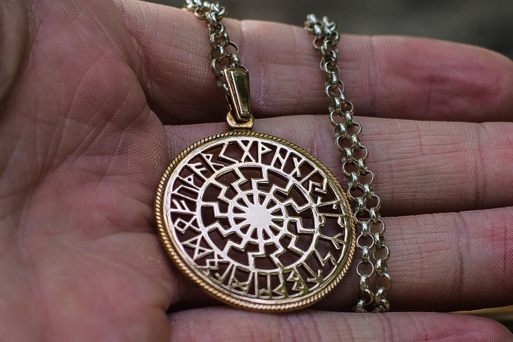 Black Sun Symbol with Runic Calendar Bronze Pendant - Viking-Handmade