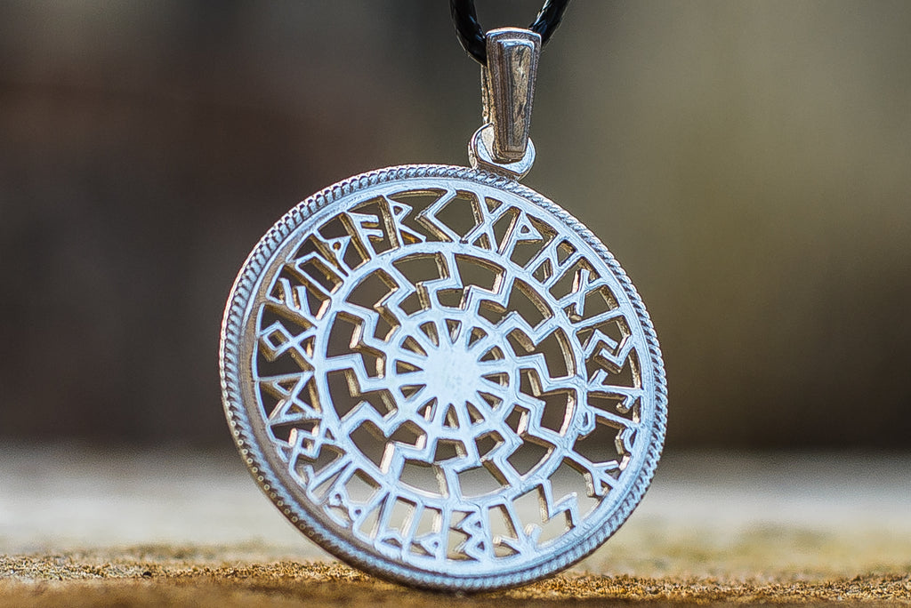 Black Sun Symbol with Runic Calendar Sterling Silver Pendant - Viking-Handmade