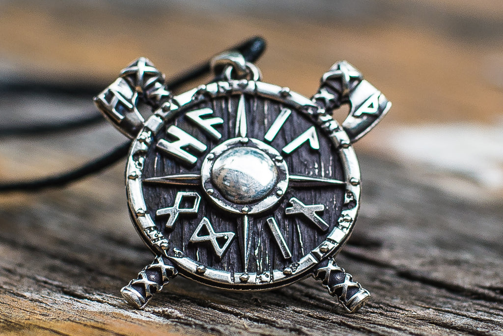 Viking Shield with Axes and Runes Sterling Silver Pendant Viking Jewelry - Viking-Handmade