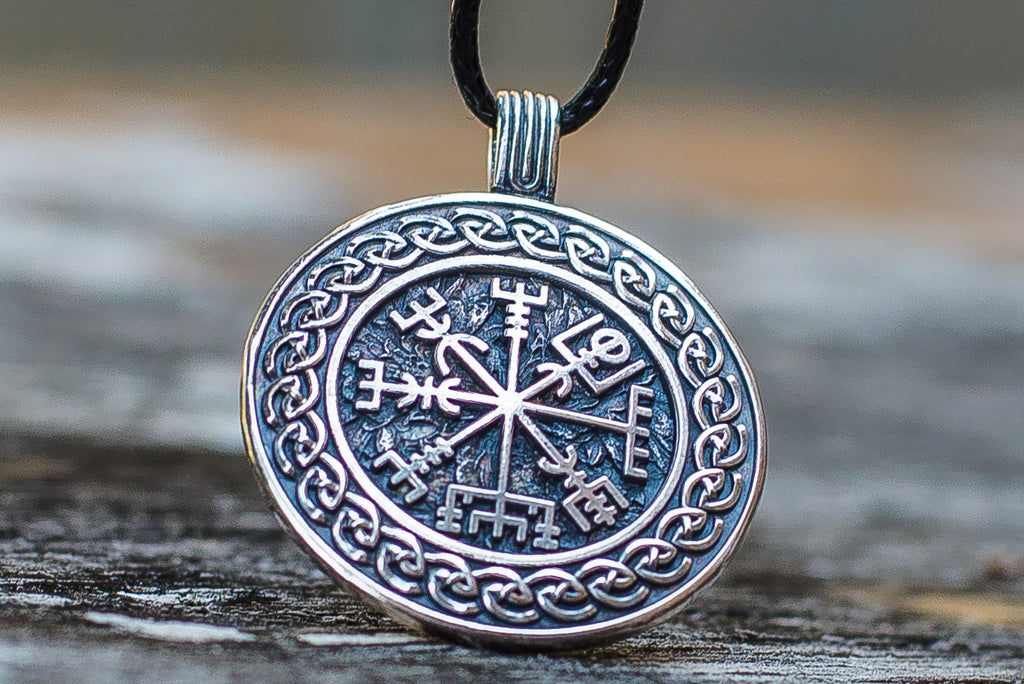 Vegvisir Symbol with Viking Ornament Pendant Sterling Silver Pagan Jewelry - Viking-Handmade