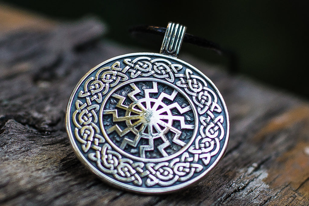 Black Sun with Viking Ornament Pendant Sterling Silver Viking Jewelry - Viking-Handmade