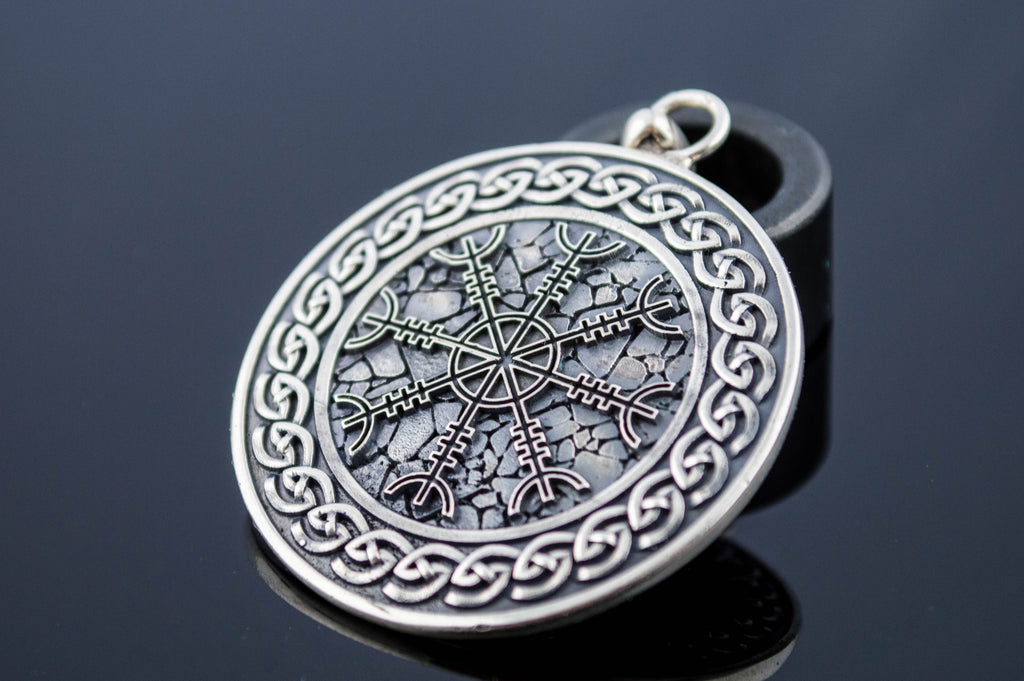 Helm of Awe Symbol with Viking Ornament Pendant Sterling Silver Pagan Jewelry - Viking-Handmade
