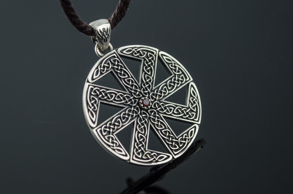 Kolovrat Symbol with Pagan Ornament Sterling Silver Pendant - Viking-Handmade