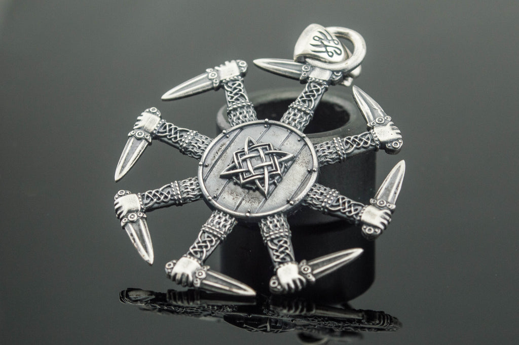 Kolovrat Pendant with Pagan Ornament Sterling Silver Slavic Jewelry - Viking-Handmade