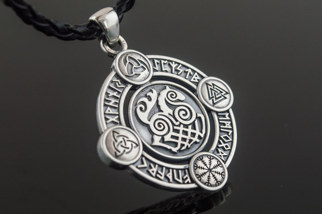 Sleipnir Pendant with Norse Symbols Sterling Silver Viking Jewelry - Viking-Handmade