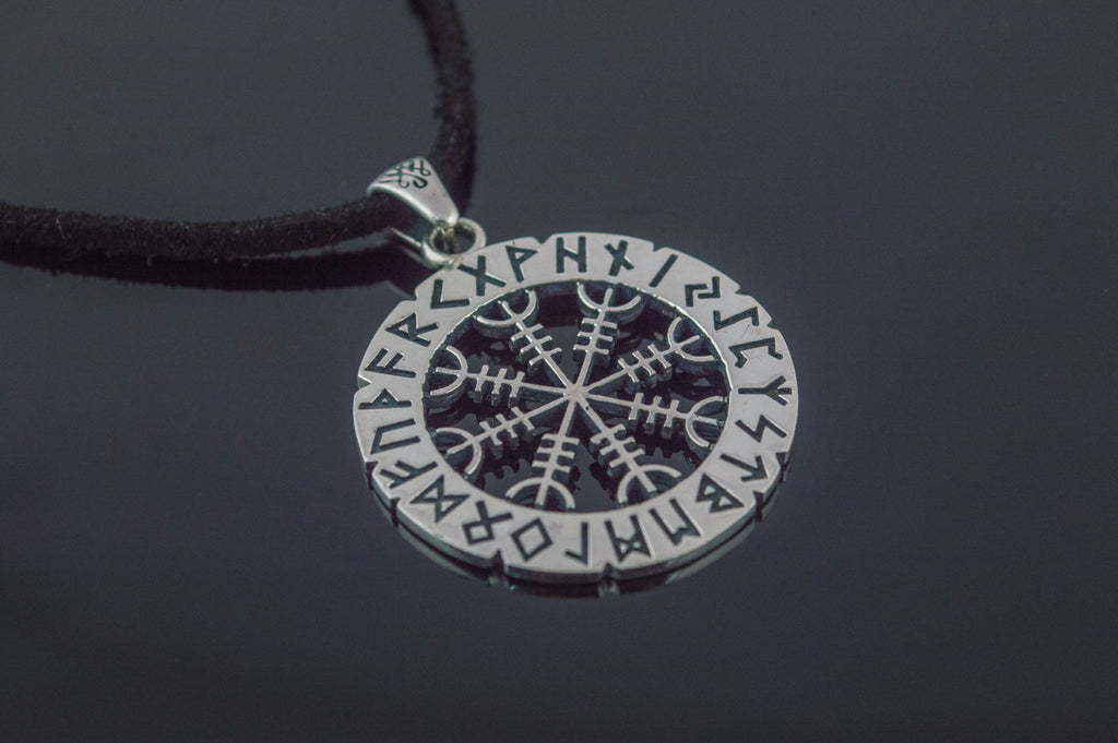 Helm of Awe Symbol with Elder Futhark Runes Sterling Silver Pendant - Viking-Handmade