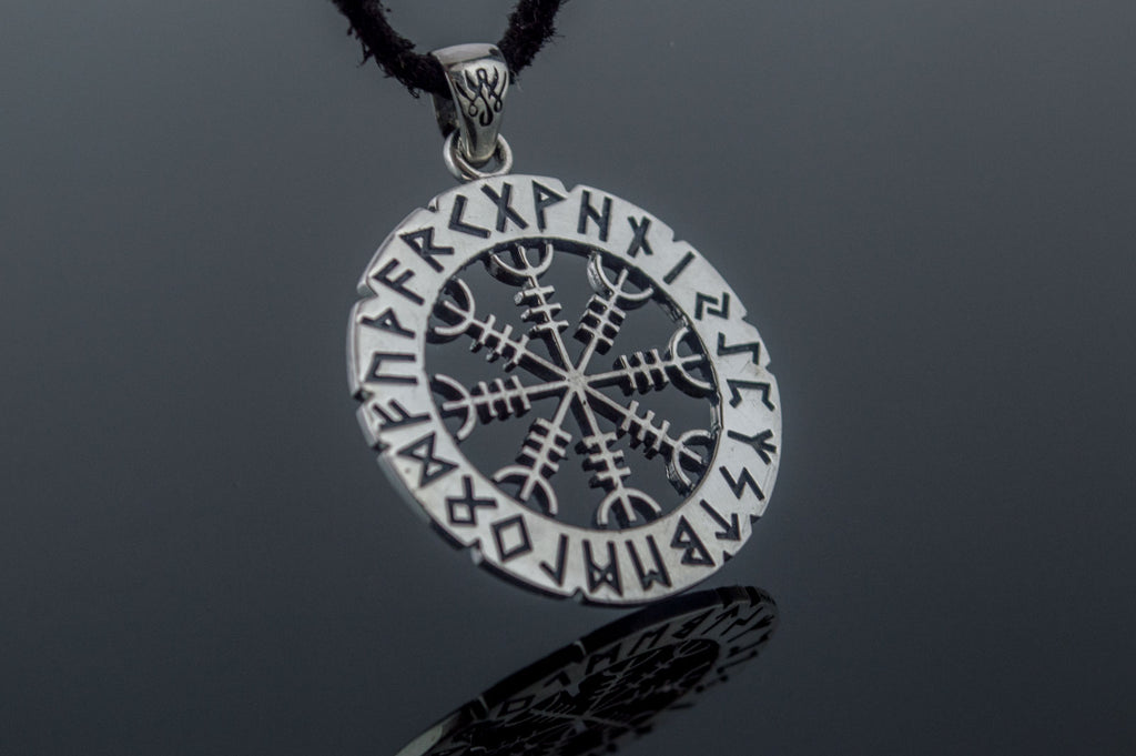 Helm of Awe Symbol with Elder Futhark Runes Sterling Silver Pendant - Viking-Handmade