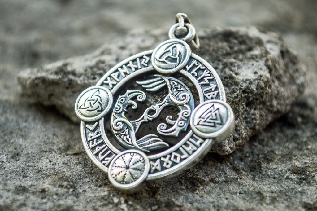 Odin Raven Pendant with Norse Symbols Sterling Silver Viking Jewelry - Viking-Handmade