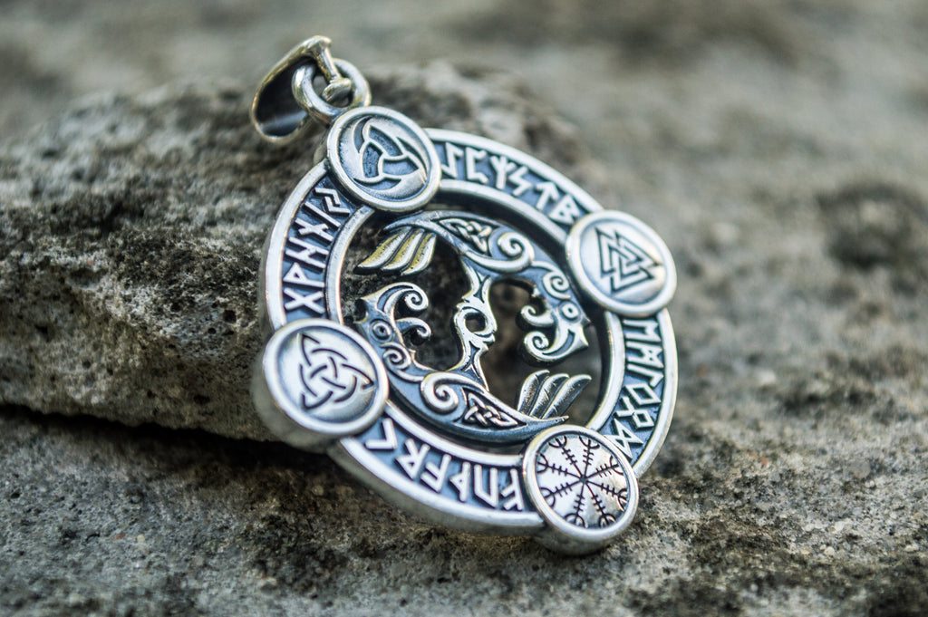 Odin Raven Pendant with Norse Symbols Sterling Silver Viking Jewelry - Viking-Handmade