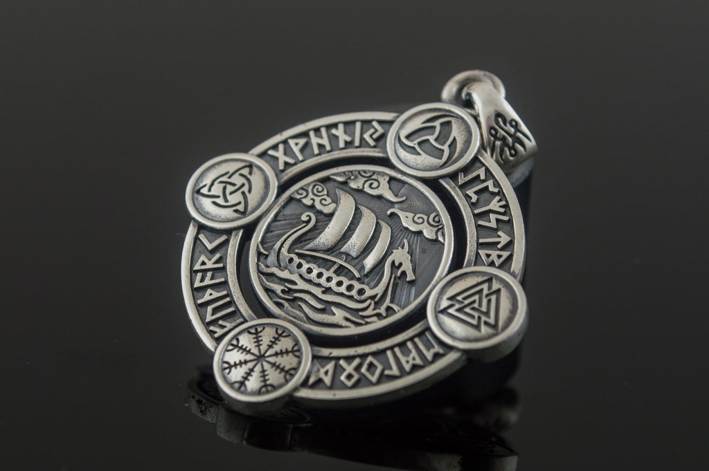 Drakkar Pendant with Norse Symbols Sterling Silver Viking Jewelry - Viking-Handmade