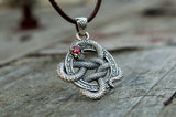 Snake Pendant with Runes and Red Cubic Zirconia Sterling Silver