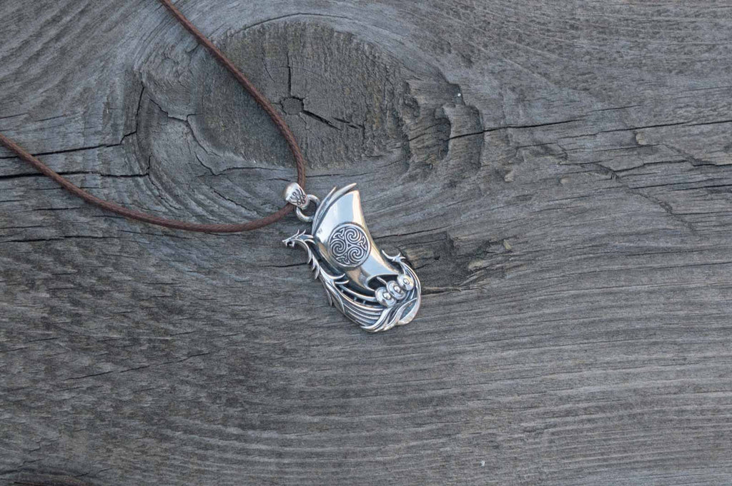 Drakkar Pendant with Norse Ornament Sterling Silver - Viking-Handmade