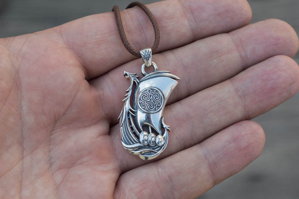 Drakkar Pendant with Norse Ornament Sterling Silver - Viking-Handmade
