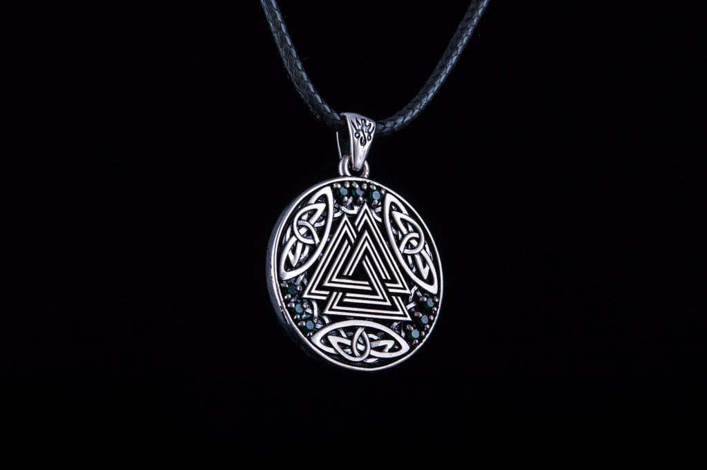 Norse Pendant with Valknut Symbol and Cubic Zirconia Sterling Silver - Viking-Handmade