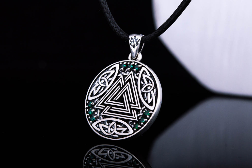 Norse Pendant with Valknut Symbol and Cubic Zirconia Sterling Silver - Viking-Handmade