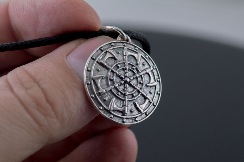 Kolovrat Pendant with Axe Symbol Sterling Silver Unique Jewelry - Viking-Handmade