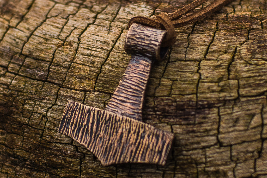 Thor's Hammer Pendant Bronze Mjolnir Wooden Style - Viking-Handmade