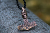 Thor's Hammer Pendant Bronze Mjolnir with Raven - Viking-Handmade
