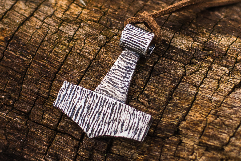 Thor's Hammer Pendant Sterling Silver Mjolnir Wooden Style - Viking-Handmade