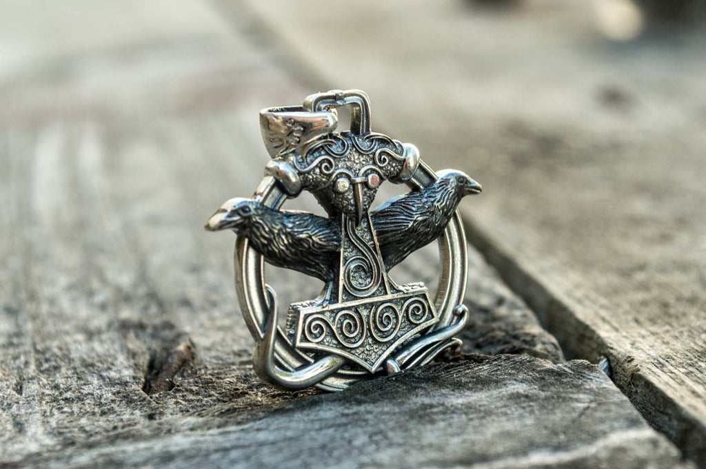 Thors Hammer with Ravens Pendant Sterling Silver Handcrafted Jewelry - Viking-Handmade
