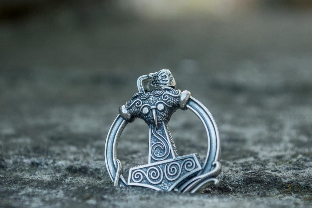 Thors Hammer Pendant with Ornament Sterling Silver Unique Handmade Jewelry - Viking-Handmade