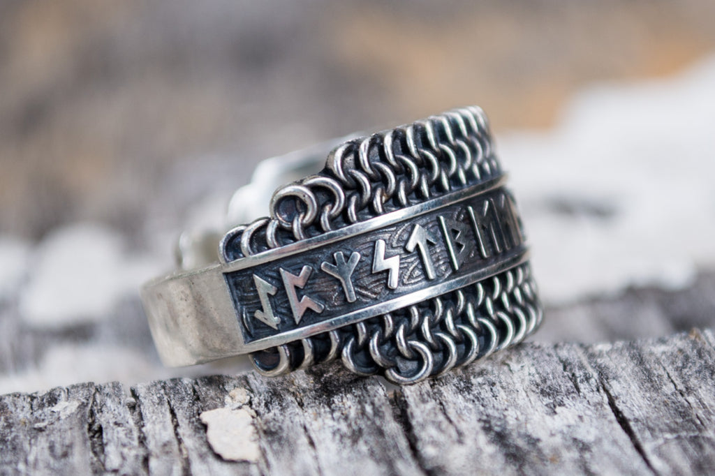 Hauberk Viking Ring with Elder Futhark Runes - Viking-Handmade