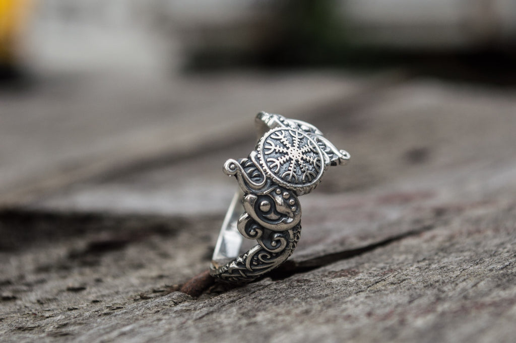Helm of Awe Symbol and Wolf Ornament Sterling Silver - Viking-Handmade