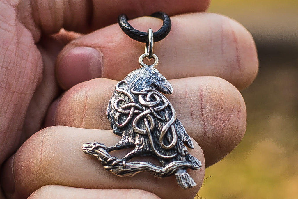 Raven Pendant with Ornament Sterling Silver Norse Amulet - Viking-Handmade