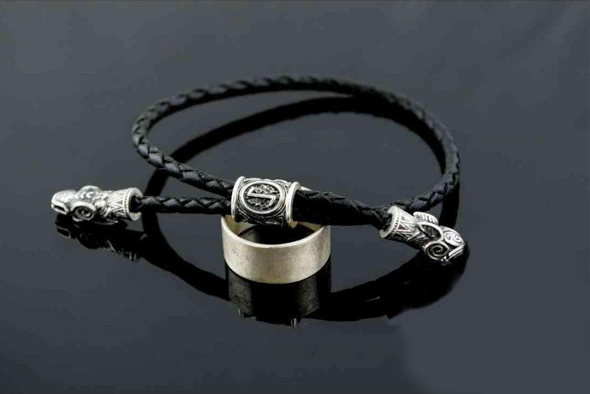 Wolf Bracelet with Elder Futhark Rune Sterling Silver Viking Jewelry - Viking-Handmade