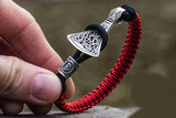 Paracord Bracelet with Sterling Silver Axe and Elder Futhark Rune (Black+Red) - Viking-Handmade