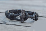 Thors Mjolnir with Runes Sterling Silver Ruthenium Plated Black Paracord Bracelet - Viking-Handmade