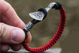 Paracord Bracelet with Sterling Silver Axe and Elder Futhark Rune (Black+Red) - Viking-Handmade