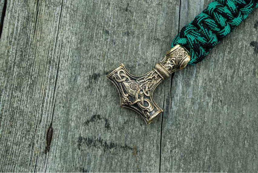 Bronze Thors Hammer Green Paracord Handcrafted Bracelet - Viking-Handmade
