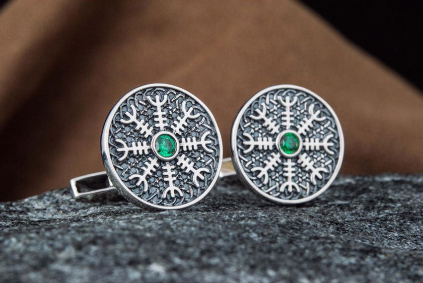 Unique Cufflinks with Helm of Awe Symbol Sterling Silver Handmade Jewelry - Viking-Handmade