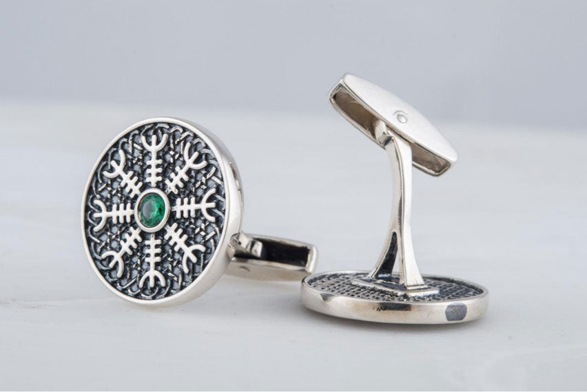Unique Cufflinks with Helm of Awe Symbol Sterling Silver Handmade Jewelry - Viking-Handmade